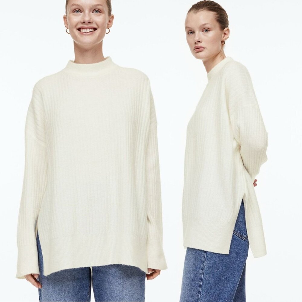 H&M Rib-Knit Relaxed Sweater - Ivory - Size Small